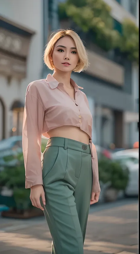 malay girl wear half button rib knit tee with green jacket and high waist plicated detail suit pants, short blonde hair, bob hai...