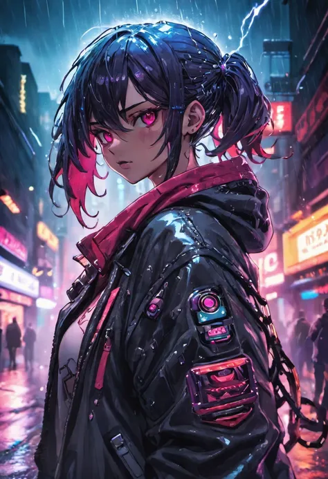 fotografia de close-up, jovem mulher cyberpunk confiante com cabelos loiros e brancos em um coque, usando um capuz com desenhos vermelhos e azuis, on a rain-soaked street at night, fotorrealista, Cinematic lighting