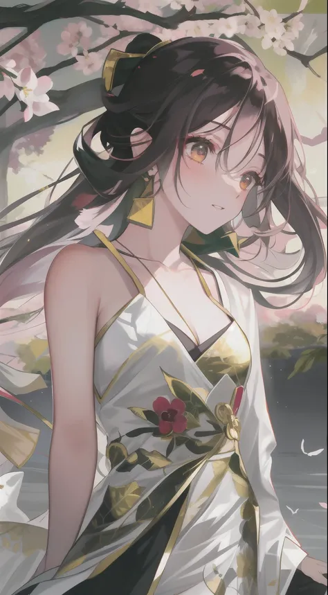 top-quality, Ink painting style, Fresh and elegant, Clear lake, The cherry blossoms fall as the sun sets，White color hair, Black bandeau pendant dress gold pattern girl, Ride the flower wind to blow your head, A forest dotted with green leaves, Birds sing ...