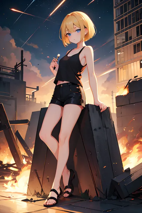 during night、Base explosion and burning、Exploding buildings、Cute girl with a lit matchstick、cute  face、full body Esbian、Short bob hair、a blond、blue eyes、Black tank top、sexy black shorts、Wearing black shorts