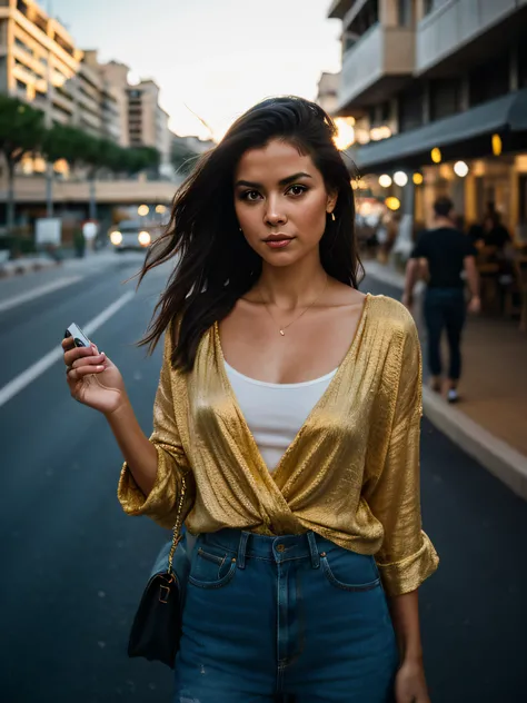 Beautiful woman standing outside in the summertime in Monaco. Sharp, by Lee Jeffries Nikon D850 film Stock Photography 4 Kodak Portra 400 camera F1.6 Lens Rich Colors Hyper Realistic Texture Dramatic Lighting Trend Unrealengine on ArtStation Cinestill 800,