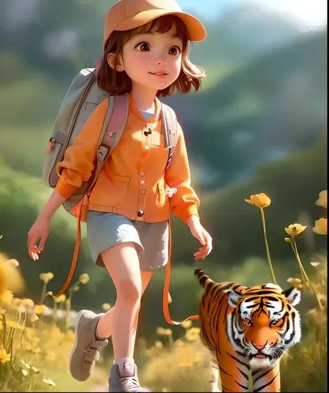 Arafad image girl walking tiger in field, cute digital painting, female explorer mini cute girl, realistic anime 3 D style, kids art in ArtStation, adventure surreal rendering, digital cartoon drawing art, cute detailed digital art, fantasy matte painting,...