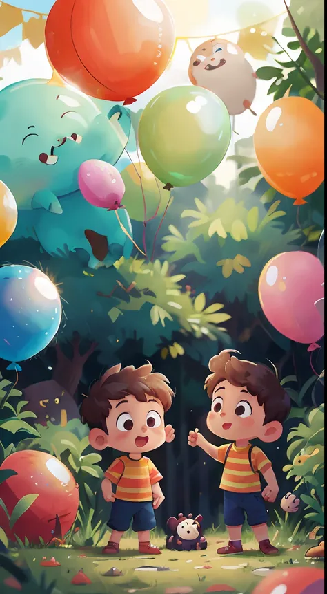 A boy, zoo, many balloons, happy, happy, perfect quality, clear focus (clutter - home: 0.8), (masterpiece: 1.2) (realistic: 1.2) (bokeh) (best quality) (detailed skin: 1.3) (complex details) (8K) (detail eyes) (sharp focus), (happy) full body, two children...