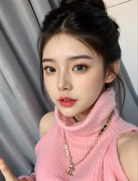 a close up of a woman wearing a pink sweater and a necklace, xintong chen, young cute wan asian face, belle delphine, xision wu, gorgeous chinese models, blackpink jennie, wenfei ye, Chinese girl, shaxi, chengyou liu, jisoo from blackpink, Gorgeous young K...