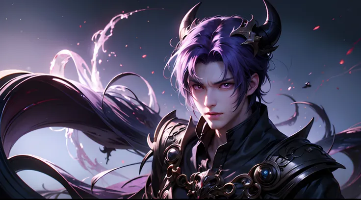 anime character with purple hair and glowing eyes in front of a dark background, handsome guy in demon slayer art, epic fantasy art style, badass anime 8 k, epic fantasy digital art style, detailed digital anime art, human male demon, portrait of hades, ep...