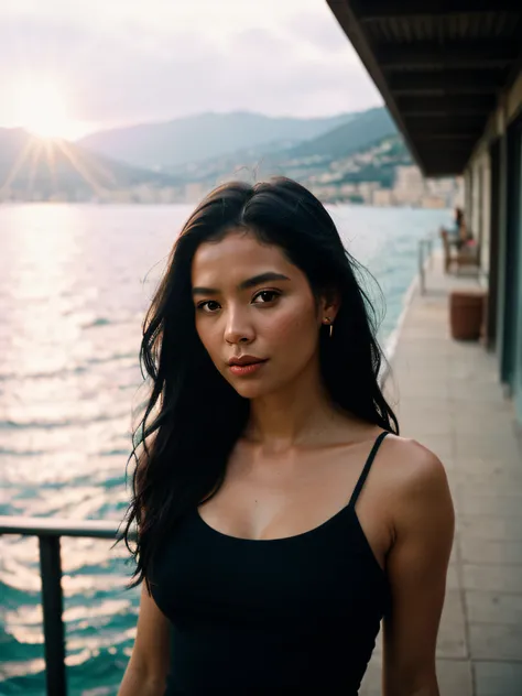 Beautiful woman standing outside in the summertime in Monaco. She has long black hair, the sun rays are beaming on her. the ocean is in the background with houses in the background of Monaco. Sharp, by Lee Jeffries Nikon D850 film Stock Photography 4 Kodak...