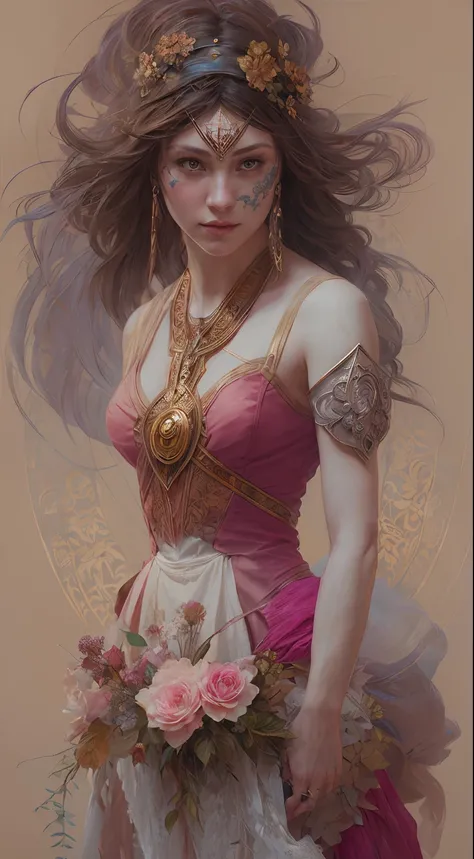 (symmetry: 1.1) (floral portrait: 1.05) a mulatto woman as a FAIRY OF THE FOREST, (assassins creed style: 0.8), pink and gold and opal color scheme, beautiful and intricate filegrid face painting, intricate, elegant, highly detailed, digital painting, art ...