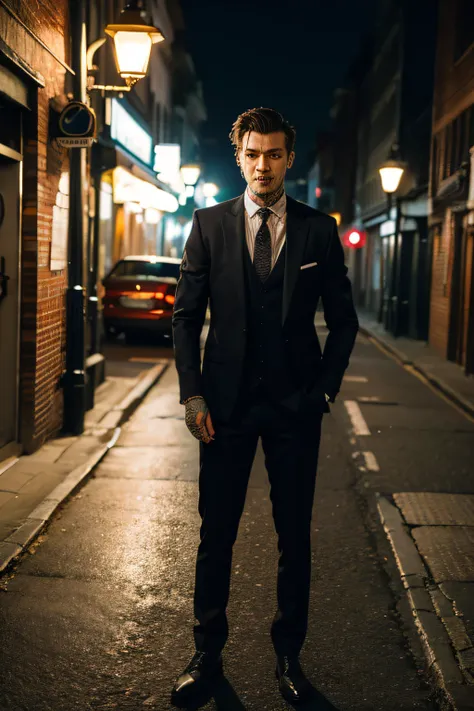 Man in suit tattoo under street lamp smoking