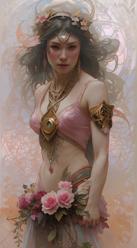 (symmetry: 1.1) (floral portrait: 1.05) a mulatto woman as a FAIRY OF THE FOREST, (assassins creed style: 0.8), pink and gold and opal color scheme, beautiful and intricate filegrid face painting, intricate, elegant, highly detailed, digital painting, art ...