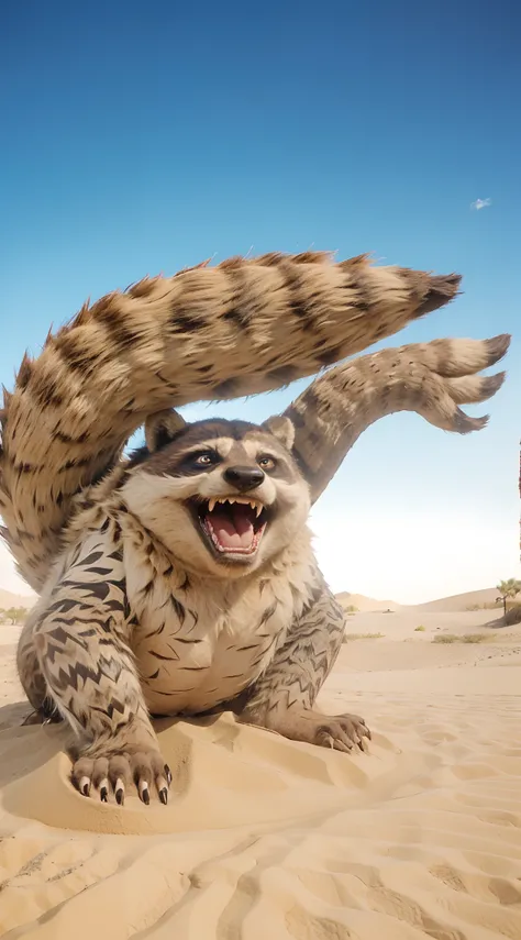 Realistic Giant monster, its head resembles an angry raccoon,same horn, has 1 tail, its entire body is made from sand and has same pattern, realistic light, realistic shadow, realism, hyper realistic,(photorealistic:1.2), realistic desert background,His ha...