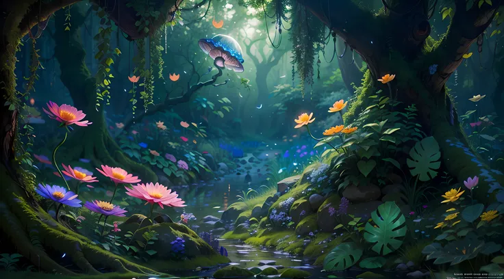 (best quality,4k,8k,highres,masterpiece:1.2),ultra-detailed,(realistic,photorealistic,photo-realistic:1.37),fantasy jungle,floating jellyfish,blue leaf,pink butterfly,firefly,glowing mushroom,strange-looking tree,black vines,strange-looking flowers,colorfu...