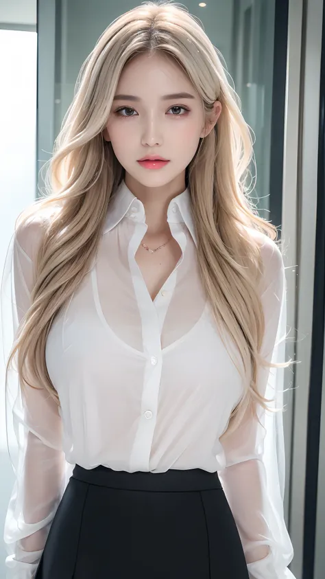 ((Best quality, 8k, Masterpiece :1.3)), Sharp focus :1.2, A pretty girl 16 years old with perfect figure :1.4, Slender abs :1.3, Raw photography、超A high resolution, full body, fair white skin、shiny white skin、(wavy blonde hair)、dark brown hair、super fine e...