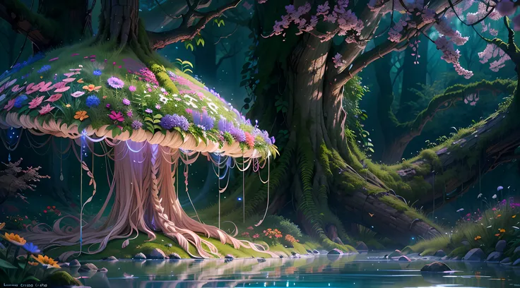 (best quality,4k,8k,highres,masterpiece:1.2),ultra-detailed,(realistic,photorealistic,photo-realistic:1.37),fantasy jungle,floating jellyfish,blue leaf,pink butterfly,firefly,glowing mushroom,strange-looking tree,black vines,strange-looking flowers,colorfu...