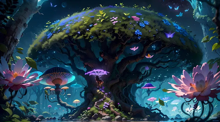 (best quality,4k,8k,highres,masterpiece:1.2),ultra-detailed,(realistic,photorealistic,photo-realistic:1.37),fantasy jungle,floating jellyfish,blue leaf,pink butterfly,firefly,glowing mushroom,strange-looking tree,black vines,strange-looking flowers,colorfu...