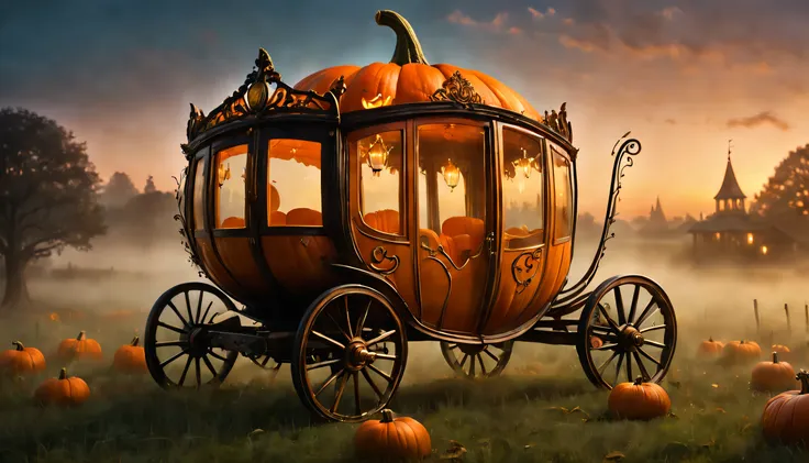 enchanted pumpkin carriage at dusk: a magical scene featuring a breathtaking pumpkin carriage, beautifully adorned with intricat...