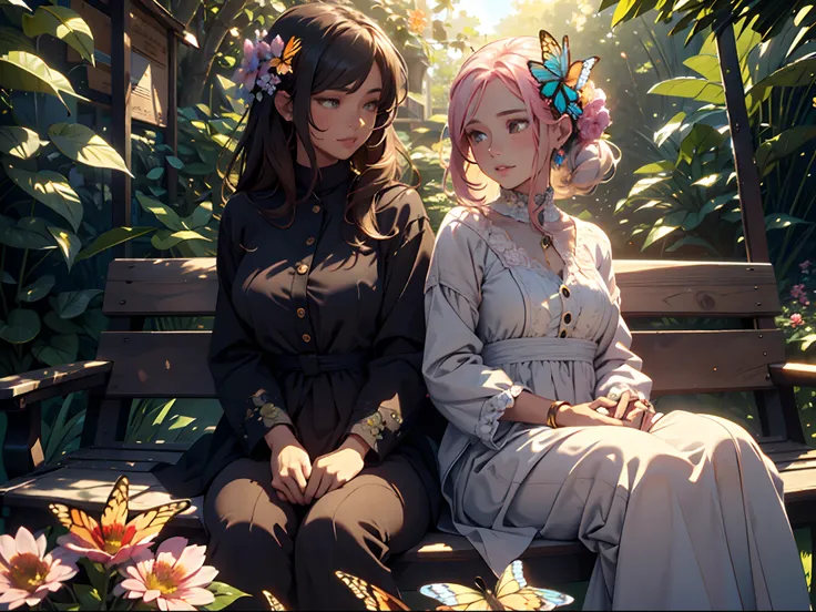 A girl with beautiful detailed eyes, detailed lips and an extremely detailed face, 2 girls, in a garden, enjoying the sunlight, wearing elegant dresses, surrounded by vibrant flowers, with a serene and joyful expression, in a delightful summer atmosphere, ...