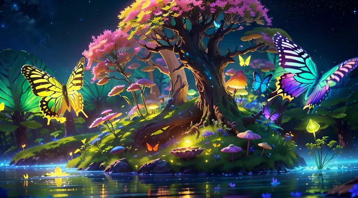 Enchanted mystical forest, neon-colored butterflies, pure blue water river spring, golden mini fairies, glowing mushrooms releasing pollen, extremely beautiful landscape, (ultra-realistic), {extremely detailed 8k CG unit wallpaper}, expansive landscape pho...