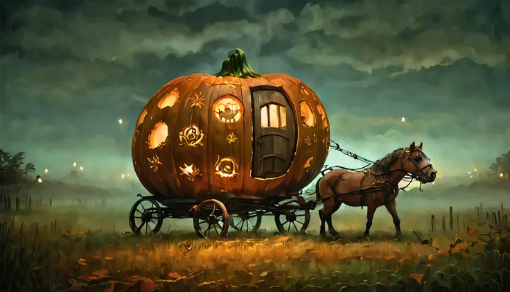 enchanted pumpkin carriage at dusk: a magical scene featuring a breathtaking pumpkin carriage, beautifully adorned with intricat...