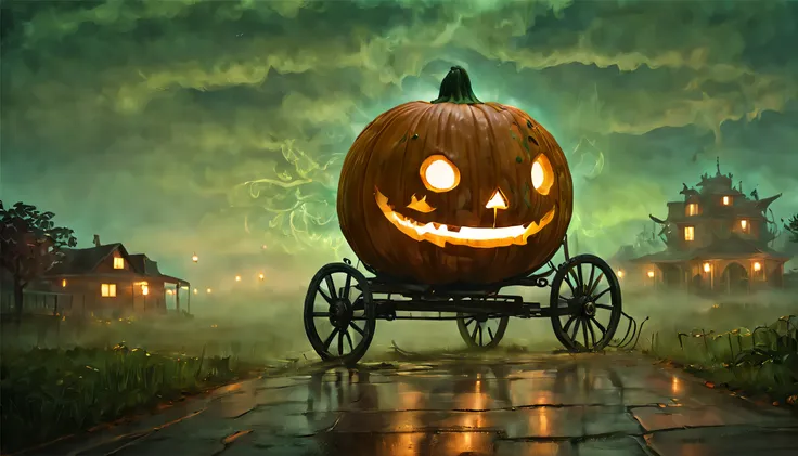 Enchanted Pumpkin Carriage at Dusk: A magical scene featuring a breathtaking pumpkin carriage, beautifully adorned with intricate carvings and glowing from within, is captured at dusk, surrounded by soft, warm light and mysterious, swirling mist, reflectin...