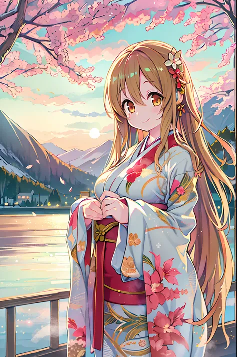 Asuna, masutepiece, Best Quality, Detailed, (1girl in), Solo, Detailed golden eyes, Long hair, Standing, close to viewer, (detailed kimono), lightsmile, medium breasts,  (arms behind back), Water, Sunset, (Hair Ornament), (cherryblossom),  snow mountain la...