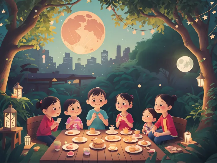 kids playing in the beach，stars shine，mid-autumn festival，colorful，kids illustration，glow effect，dingdall effect，depth of fields...