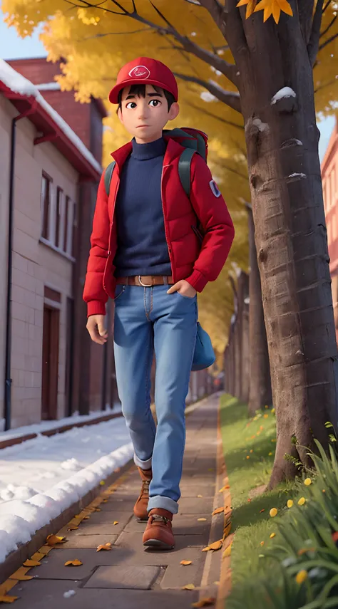 at winter season，Frost，1. Wear a red duckbill cap，Wear a red long-sleeved top，blue denim pants，Handheld toolbox，Carrying a rucksack，Male engineers，engineer，Walk on city roads，On the way to work，Frost on leaves，icing，nevando，Yuki