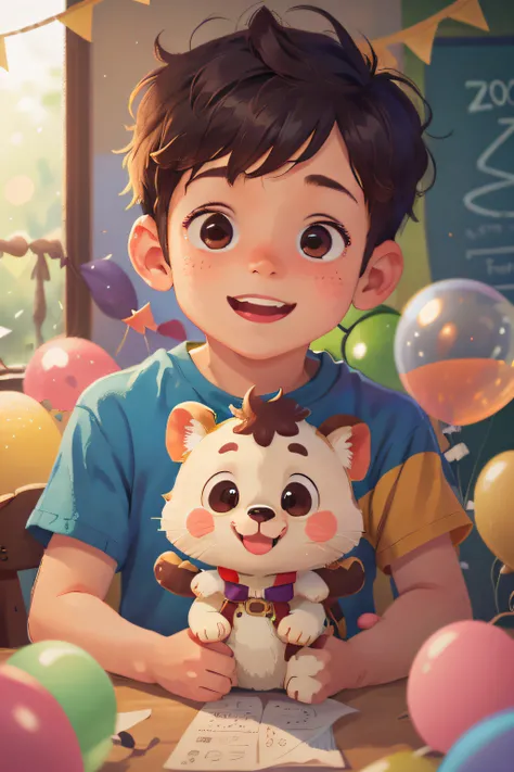 A boy, zoo, many balloons, happy, happy, perfect quality, clear focus (clutter - home: 0.8), (masterpiece: 1.2) (realistic: 1.2) (bokeh) (best quality) (detailed skin: 1.3) (intricate details) (8K) (detail eyes) (sharp focus), (happy)