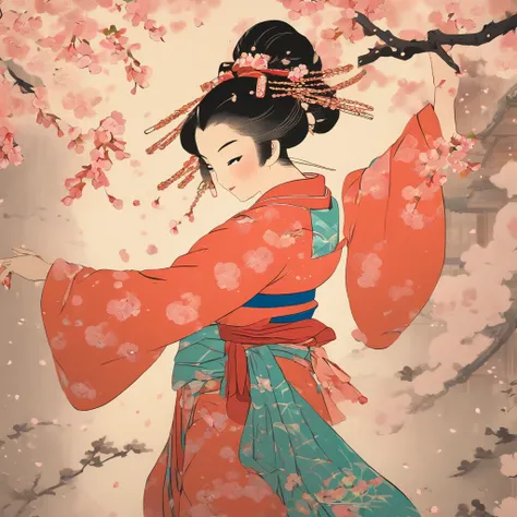 Masterpiece、top-quality、ukiyoe painting, woman dancing with sakura petals, cherry blossom trees