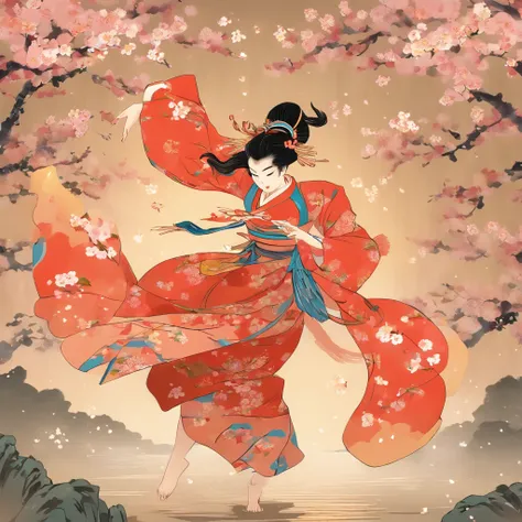 Masterpiece、top-quality、ukiyoe painting, woman dancing with sakura petals, cherry blossom trees