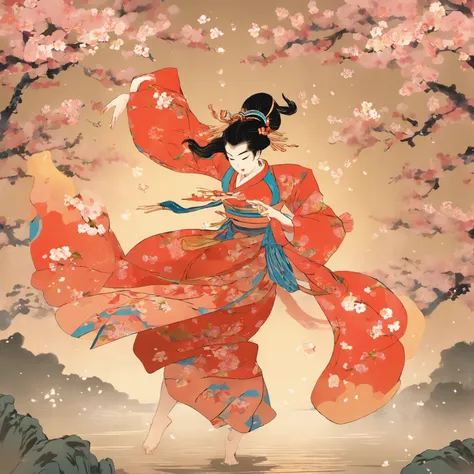 Masterpiece、top-quality、ukiyoe painting, woman dancing with sakura petals, cherry blossom trees