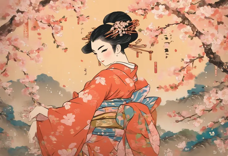 Masterpiece、top-quality、ukiyoe painting, woman dancing with sakura petals, cherry blossom trees