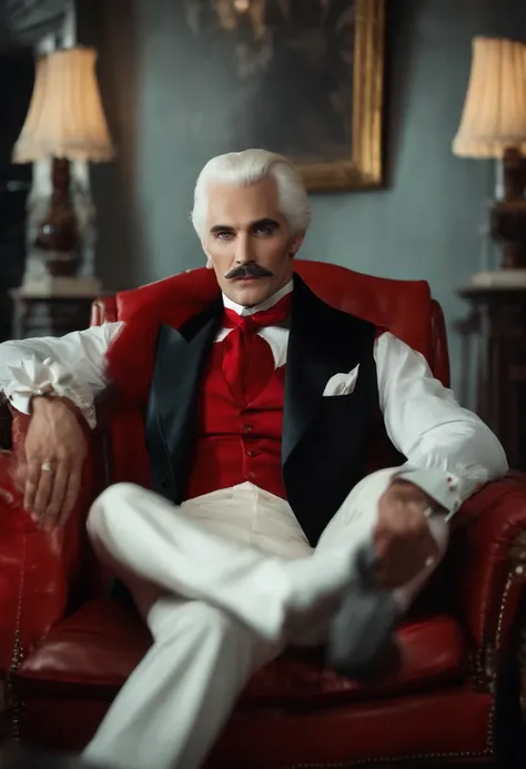 Vampires，dracula，Vintage sofa，muscle men，Business suit，White hair，white mustache，white short socks，white thong，Red wine glasses