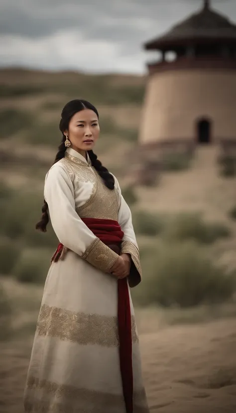 "Create a 4K ultra-realistic image that vividly portrays the unique rights of women in the Mongol Empire. Depict a scene where women are seen inheriting property and taking on leadership roles in the absence of male heirs, exemplifying the progressive natu...