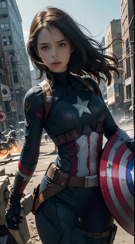 1girl, full body shot, Haley atwell as Captain America (from MCU), ((wearing Captain America suit)),  look at viewer, dynamic pose, (random angles), (masterpiece, best quality, detailed cloth texture, beautiful detailed face, intricate details, ultra detai...