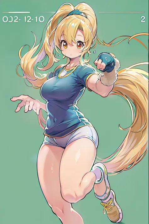 ((masutepiece:1.2, Best Quality)), 1aldy, Solo, (Gym clothes), platinum-blonde, Long hair,  (upper view, Front Focus, Looking straight ahead), (Forehead), Jumping, Above the waist, Ponytail, Big Tits,  Nami:1.1