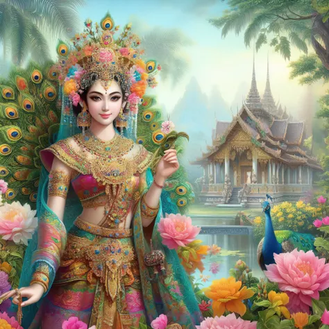 a painting of a woman in a colorful dress holding a peacock, a beautiful fantasy empress, thailand art, indian goddess of wealth, beautiful goddess, gilded lotus princess, ((a beautiful fantasy empress)), goddess of love and peace, goddess. extremely high ...