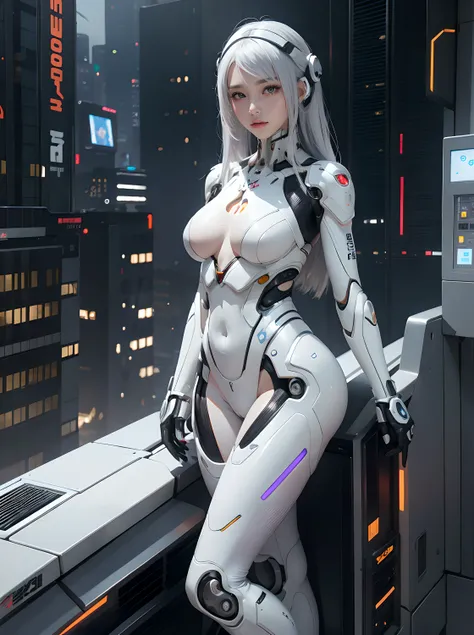 Woman in futuristic costume, Standing on the edge of the roof, cyborg - girl with silver hair, gynoid cyborg body, Anime Cyborg, perfect anime cyborg woman, biomechanical oppai, Anime character; full body art, beutiful white girl cyborg, cybersuits, gynoid...