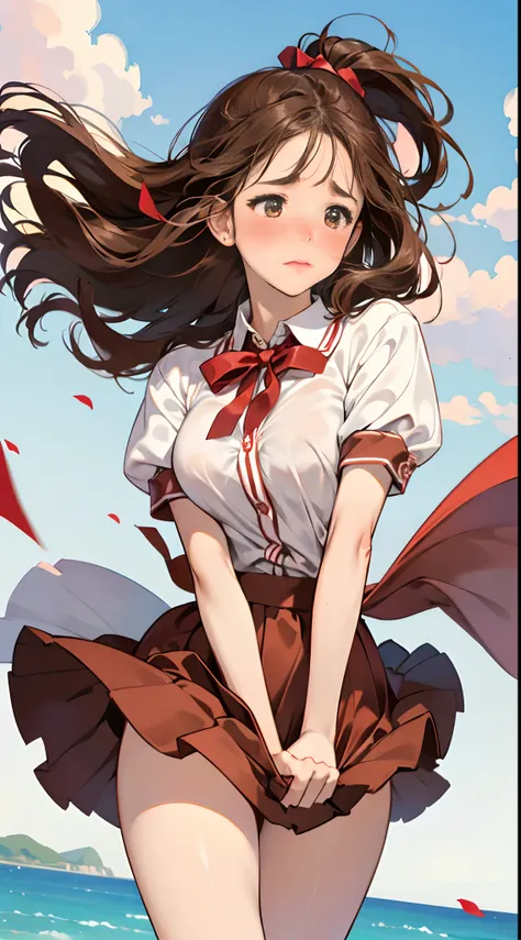 1womanl,Brown hair,Red ribbons ,((Impatient expression)),Beautiful breasts,White shirt,Red dress,well-styled,,(Facing the front)(((Blushing cheeks、embarassed expression)),(((The skirt is flipped up by the wind)))