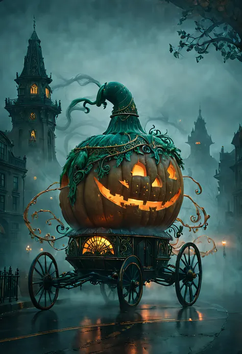 ssta, enchanted pumpkin carriage casually cruising down a city raodway, beautifully adorned with intricate carvings and glowing ...