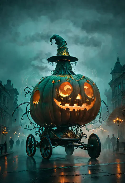 ssta, Enchanted Pumpkin Carriage casually cruising down a city raodway, beautifully adorned with intricate carvings and glowing from within, swirling mist, wonder, dark fairy-tale charm, enchanted vehicle, contrasting with typical mundane reality.