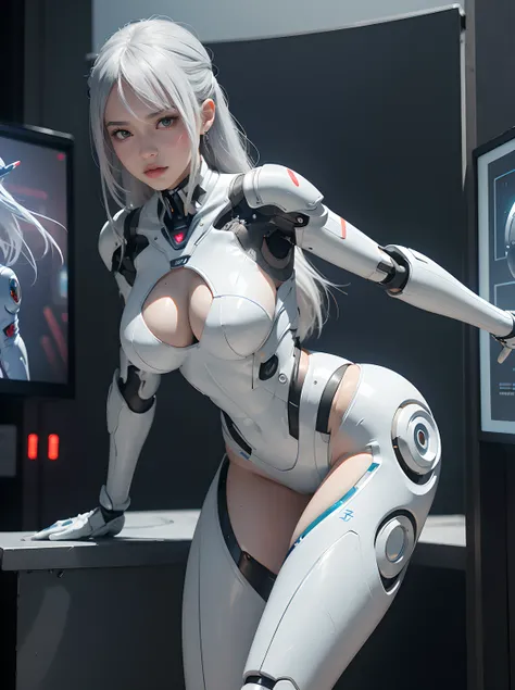 Woman in futuristic costume, Standing on the edge of the roof, cyborg - girl with silver hair, gynoid cyborg body, Anime Cyborg, perfect anime cyborg woman, biomechanical oppai, bent over (Posing on the display:1.4), Anime character; full body art, beutifu...