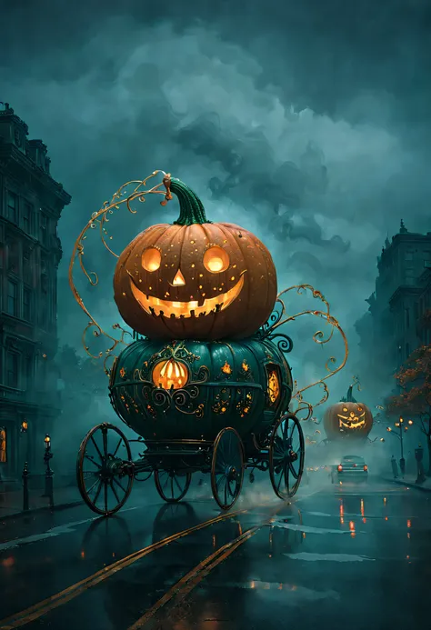 ssta, enchanted pumpkin carriage casually cruising down a city roadway, beautifully adorned with intricate carvings and glowing ...