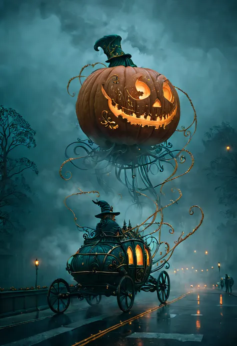 ssta, Enchanted Pumpkin Carriage casually cruising down a city roadway, beautifully adorned with intricate carvings and glowing from within, swirling mist, wonder, dark fairy-tale charm, enchanted vehicle, contrasting with typical mundane reality.