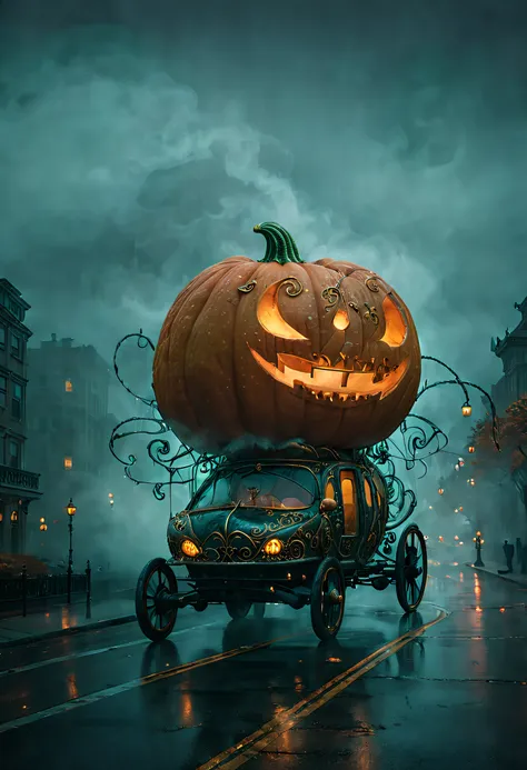 ssta, enchanted pumpkin carriage casually cruising down a city roadway, beautifully adorned with intricate carvings and glowing ...