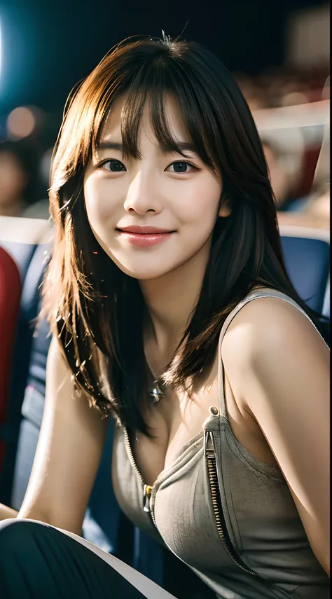 Realistic photos of (1 cute Korean star) single hair intake, thin makeup, slightly smile, 32 inch breasts size, wearing zipper tank top, pants, standing in the cinema close-up portrait, cinematic lightning, UHD