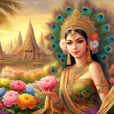 a painting of a woman in a colorful dress holding a flower, thailand art, indian goddess of wealth, a beautiful fantasy empress, beautiful goddess, portrait of a beautiful goddess, goddess of love and peace, a stunning portrait of a goddess, gilded lotus p...