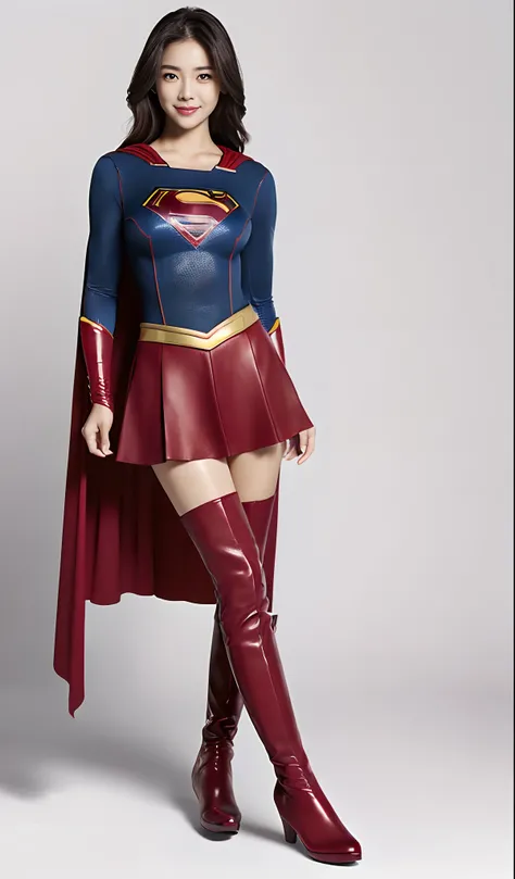 (((Wear black tights on your beautiful legs.)))、(((Grow legs、tall、beauty legs)))、(((facial expression of smile)))、((((Make the most of the original image)))、(((Supergirl Costume)))、(((beautiful hairl)))、(((Suffering)))、(((Feet must necessarily be worn with...