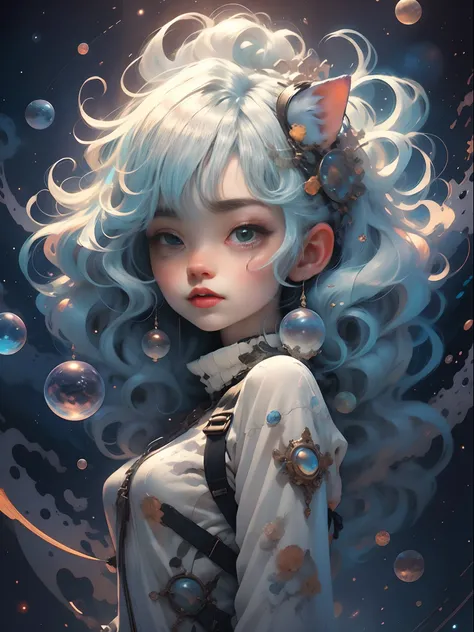 silver hair and body, cute tabby cat, anime stye badass girl, cute but powerful, whymsical, space themed, retro, cosmic, cat, futuristic, not on planet earth. Anime beauty, in the style of iridescent,colorful, crystalcore, colorful animations,silver and bl...