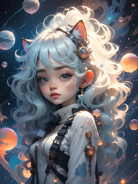 silver hair and body, cute tabby cat, anime stye badass girl, cute but powerful, whymsical, space themed, retro, cosmic, cat, futuristic, not on planet earth. Anime beauty, in the style of iridescent,colorful, crystalcore, colorful animations,silver and bl...