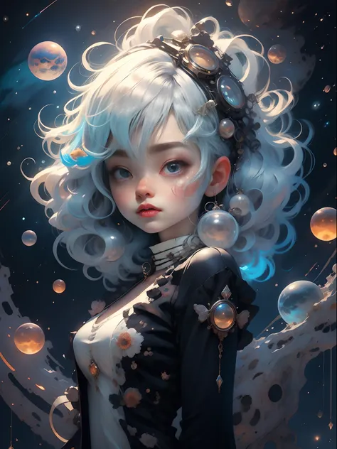 silver hair and body, cute tabby cat, anime stye badass girl, cute but powerful, whymsical, space themed, retro, cosmic, cat, fu...